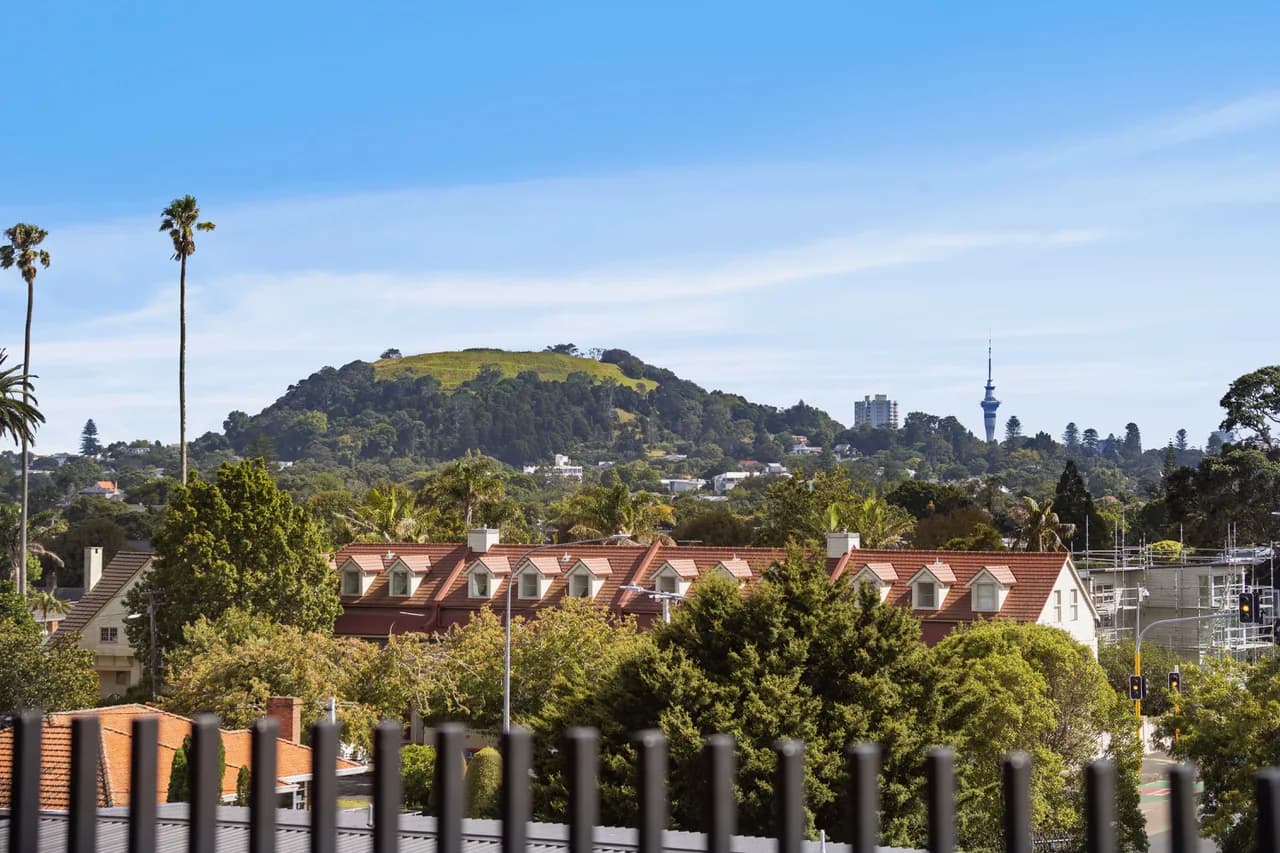 Mount Eden and the Sky Tower seen to the north from the terrace of Penthouse 505
