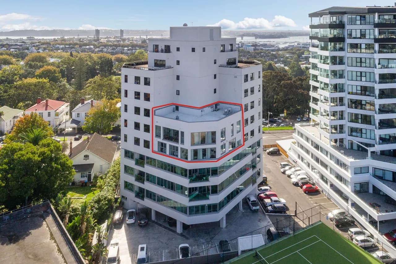 Western Park, Freemans Bay, from above, with Penthouse 504 outlined in red