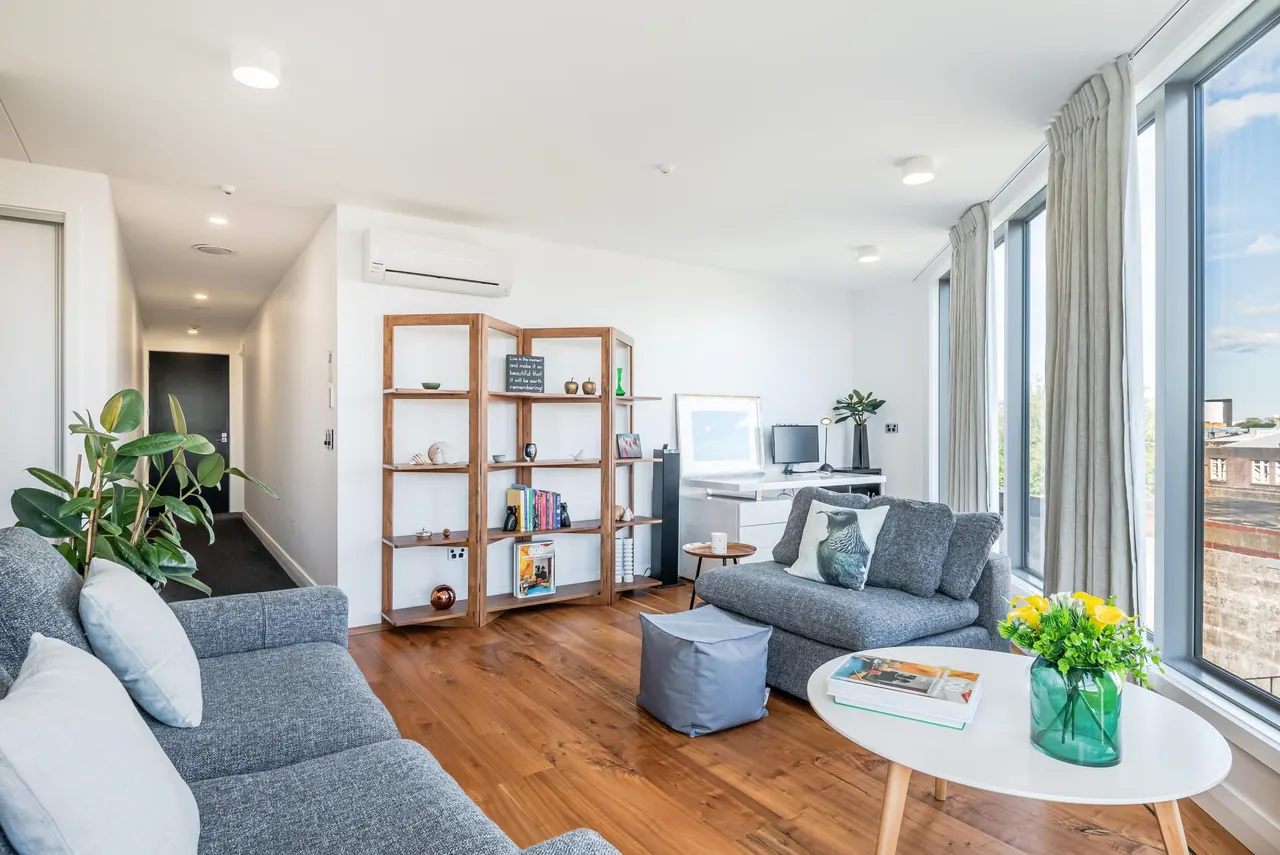 The downstairs living area, part of the floor that can be closed off as its own two-bedroom home