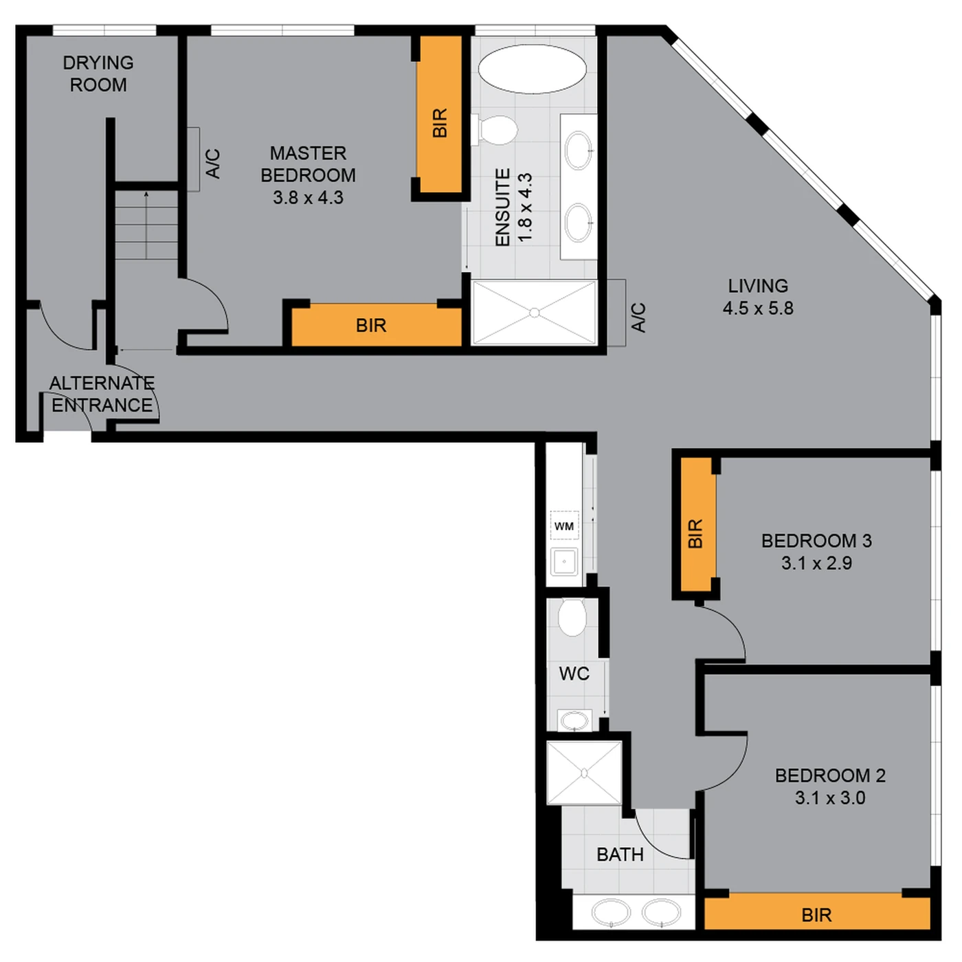 Floor plan of level 4, the downstairs bedroom floor of Penthouse 504