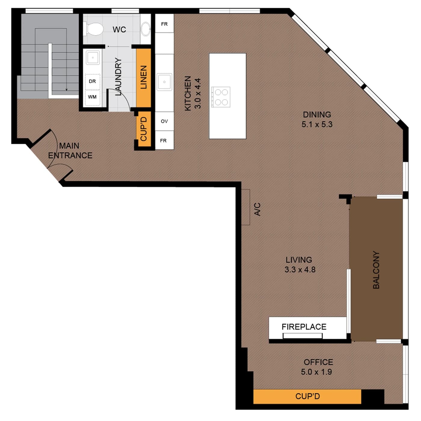 Floor plan of level 5, the upstairs living floor of Penthouse 504