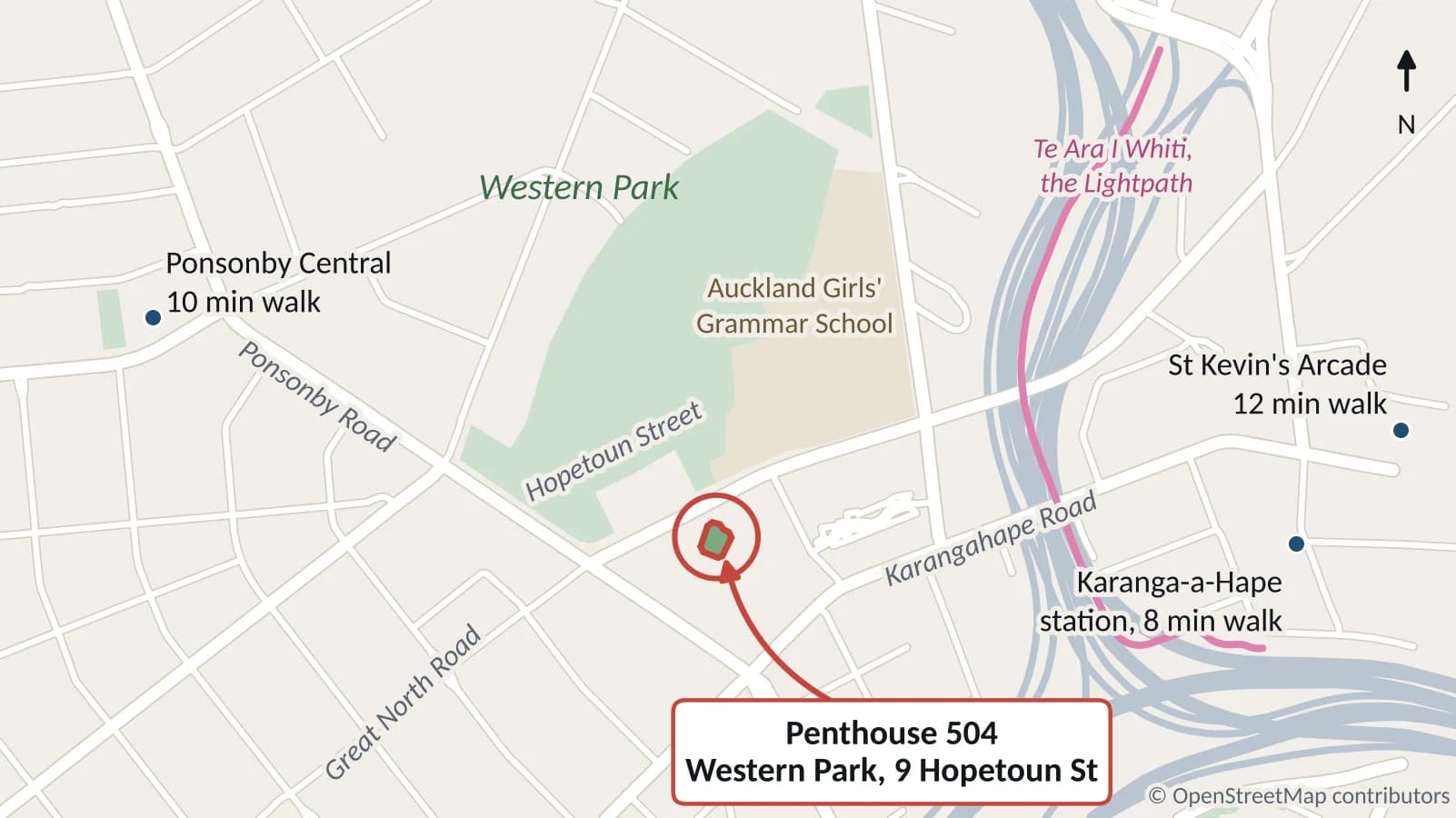 Map of Penthouse 504 at Western Park, 9 Hopetoun Street, Freemans Bay, with Ponsonby Central a 10-minute walk west and Karanga-a-Hape station an 8-minute walk east