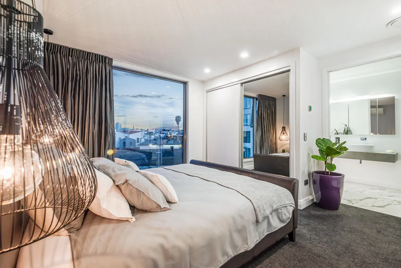 The master bedroom at dusk